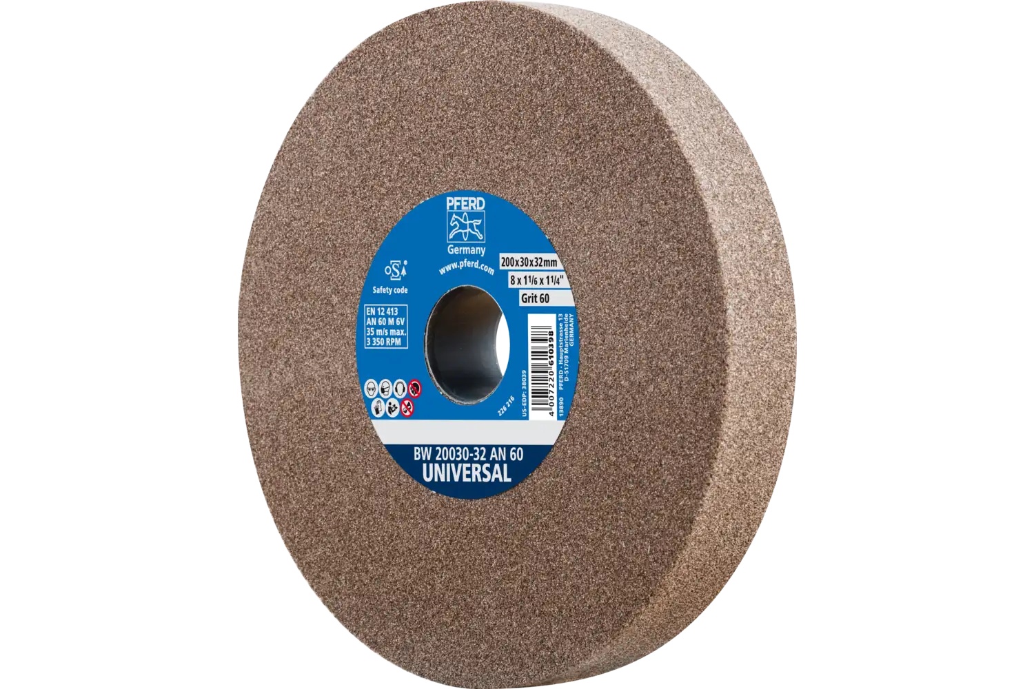 Picture of Pferd Vitrified Bench Wheel, Universal, 8" X 1-1/4 X 2, 60 Grit, Aluminum Oxide